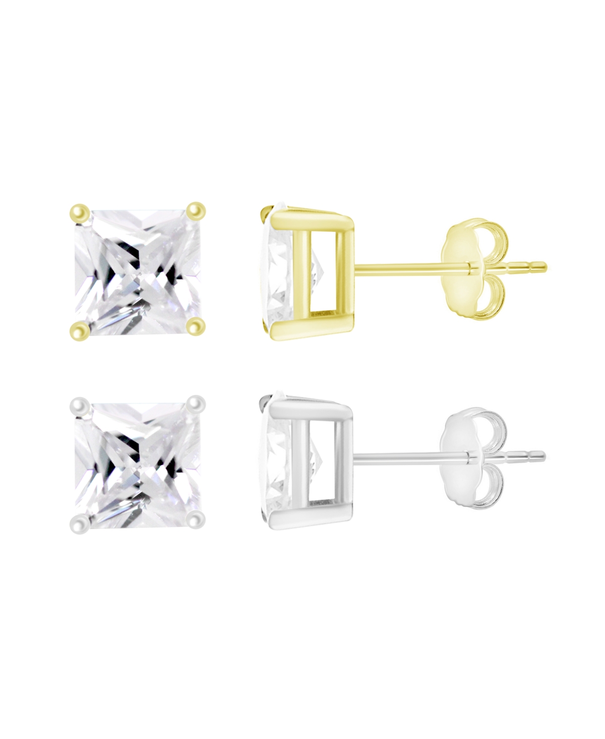 Cubic Zirconia Duo Cushion Cut Stud Earring Set in Silver Two Tone Plated - Two Tone