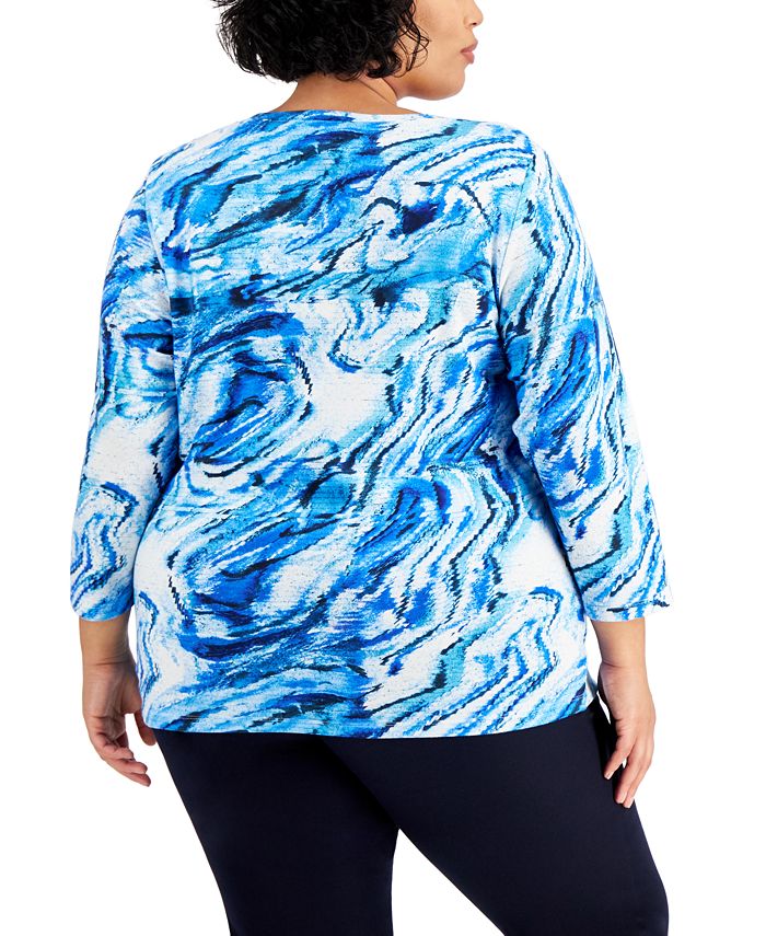 Karen Scott Plus Size 3/4-Sleeve Abstract Swirl Top, Created for Macy's ...