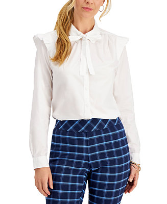 Charter Club Tie-Neck Ruffle-Shoulder Shirt, Created for Macy's - Macy's