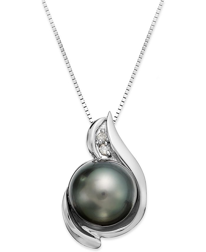 Macy's - 14k White Gold Tahitian Pearl (8-1/2mm) and Diamond Accent Pendant Necklace