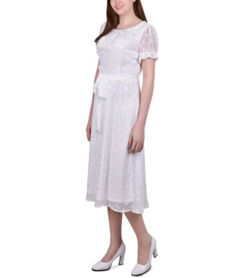 Petite Short Sleeve Belted Swiss Dot Dress