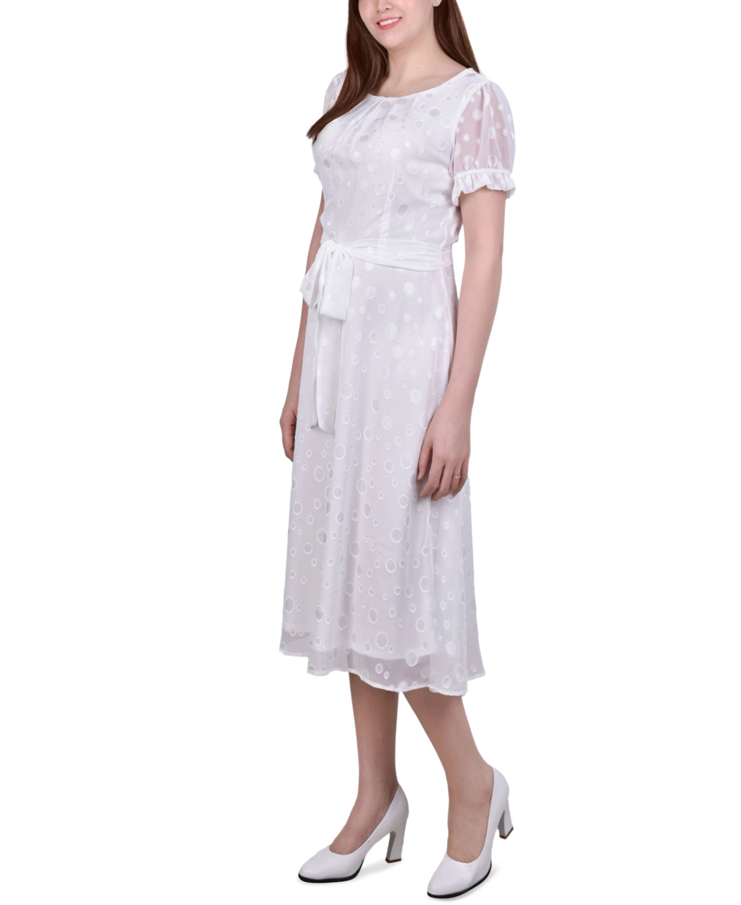 Petite Short Sleeve Belted Swiss Dot Dress