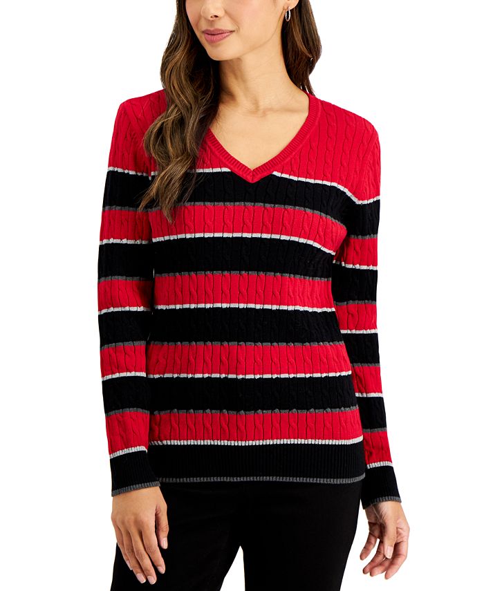 Karen Scott Gianna Cotton Striped Cable V-Neck Sweater, Created for ...
