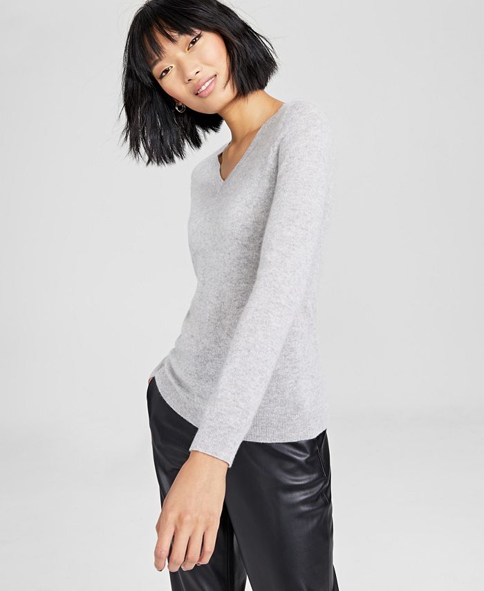 Charter Club Women's 100% Cashmere V-Neck Sweater, Created for Macy's, Ice Grey Heather, M