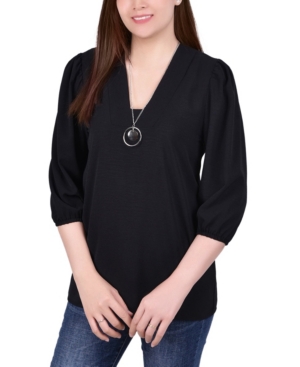 Ny Collection Petite Balloon Sleeve Pullover With Necklace In Black