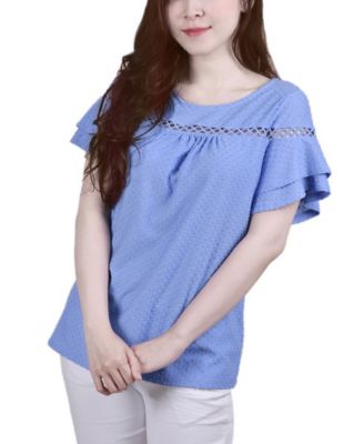 Petite Short Double Flutter Sleeve Swiss Dot Top