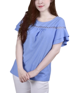 Ny Collection Petite Short Double Flutter Sleeve Swiss Dot Top In Corn Flower