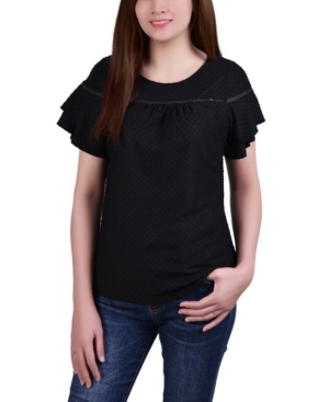 Ny Collection Petite Short Double Flutter Sleeve Swiss Dot Top In Black
