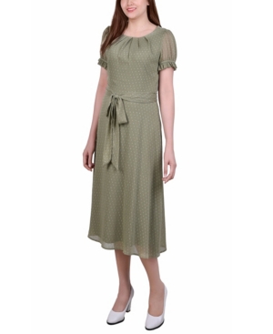 Ny Collection Plus Size Short Sleeve Belted Swiss Dot Dress In Oil Green Rectangle