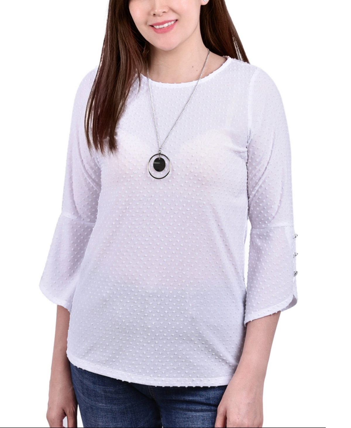 Petite 3/4 Tulip Sleeve Top with Necklace - White