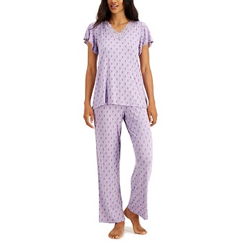 Charter Club Lace-Trim Printed Pajama Set