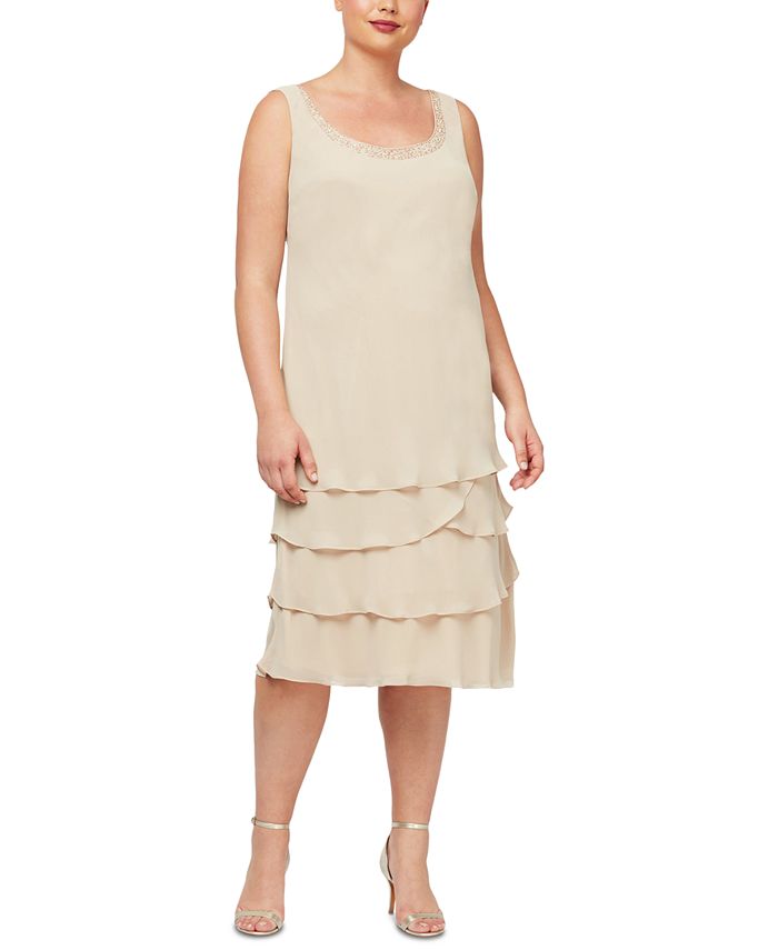 SL Fashions 9471803 Plus Size Printed Tiered Capelet Tea Length Dress