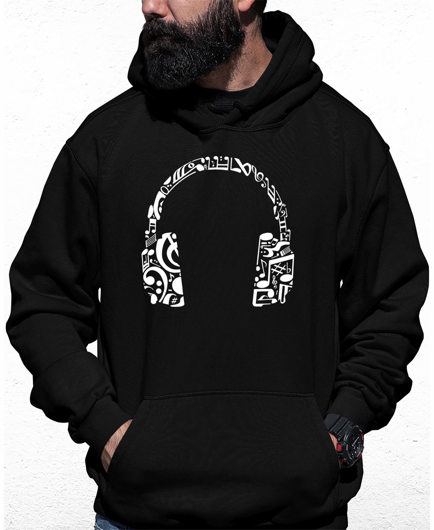 Мужское худи LA Pop Art Music Note Headphones Word Art Hooded, цвет: Чёрный — фото 1