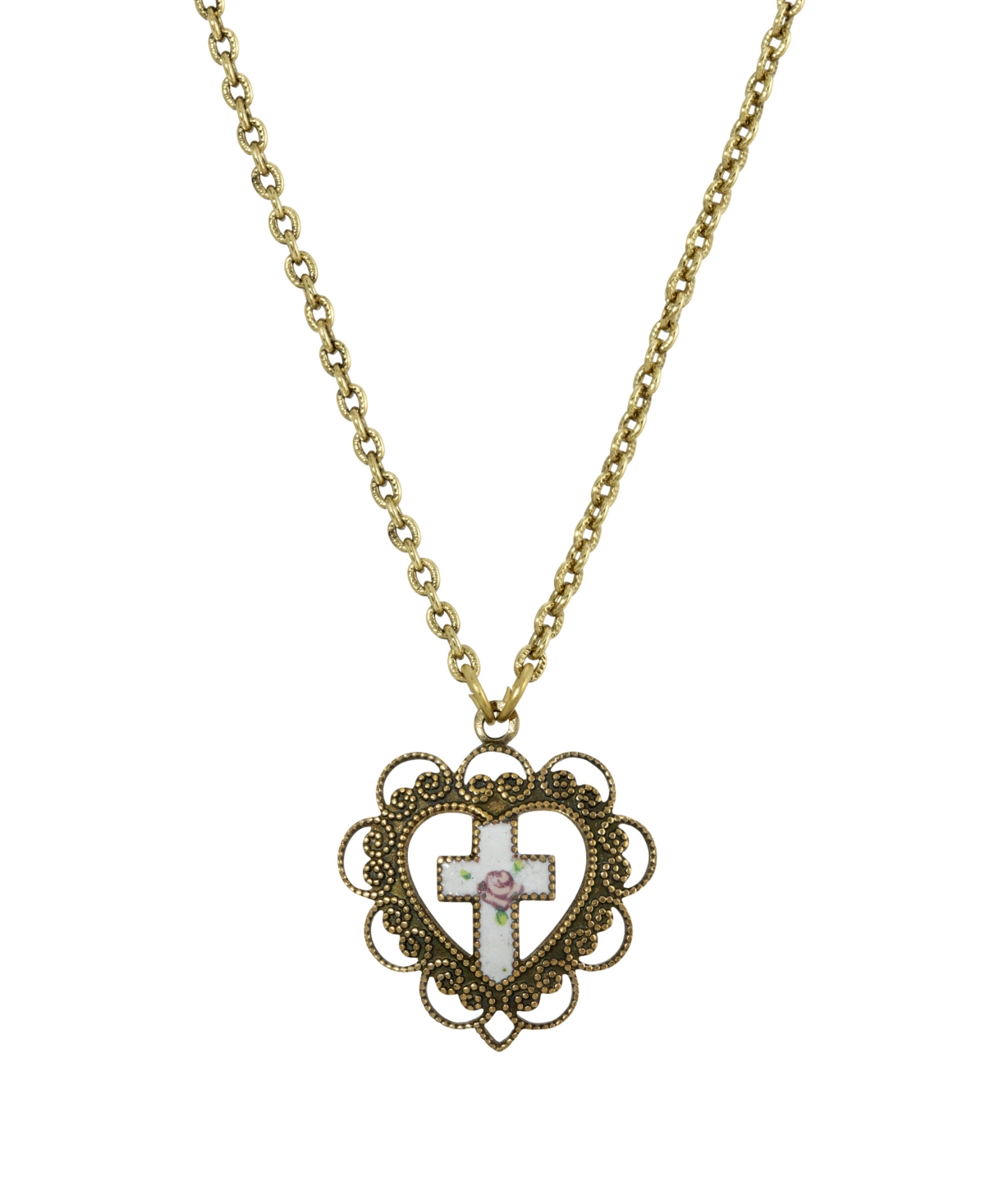 Gold-Tone Heart with White Floral Cross Necklace - White