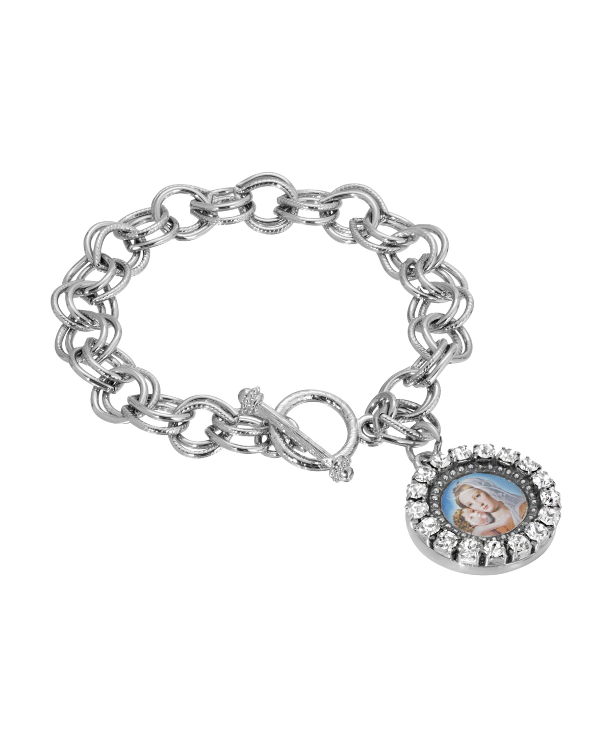 Silver-Tone Toggle Mary and Child Charm Bracelet - White