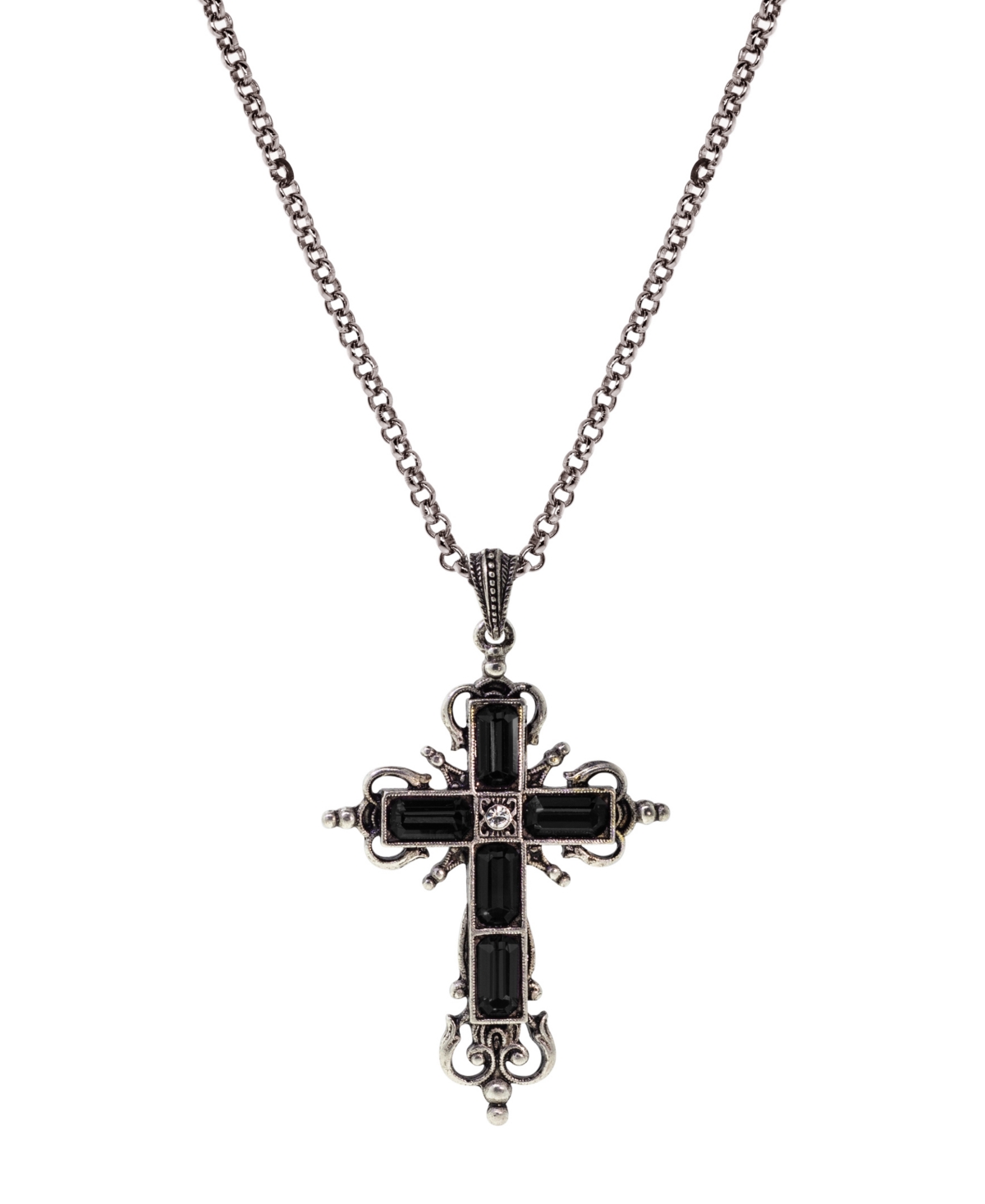Silver-Tone Black Crystal Cross Necklace - Black