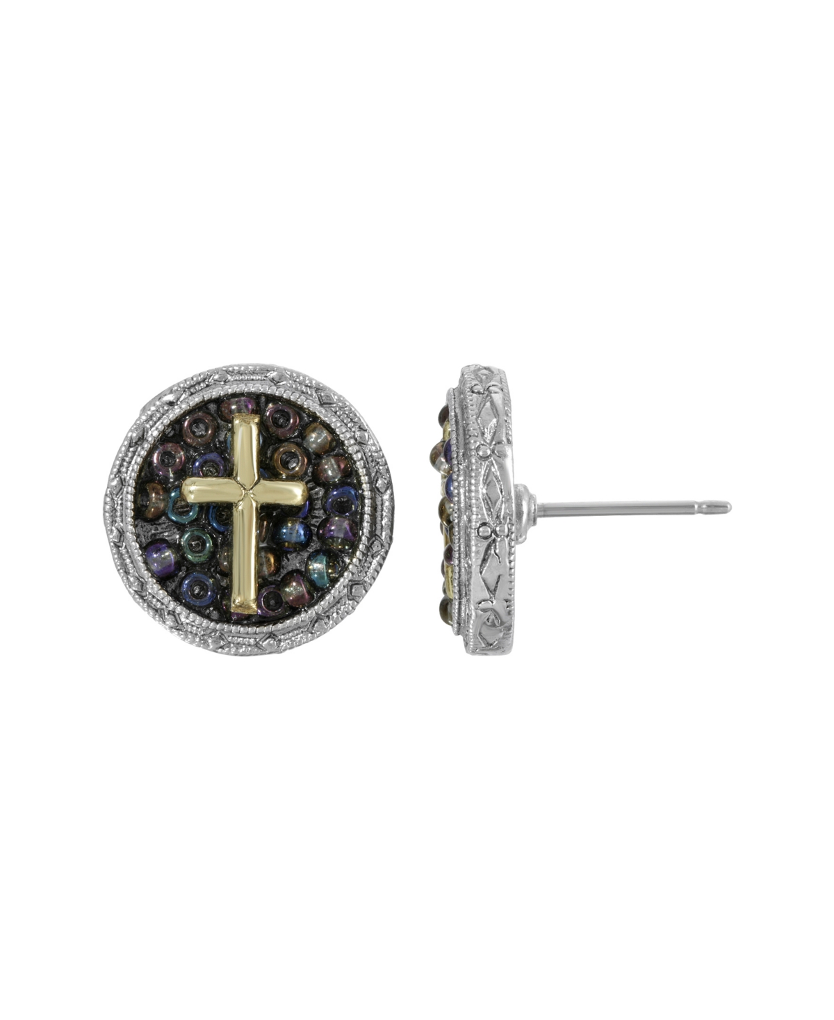 Silver-Tone Carded Multi Color Beaded Cross Round Stud Earrings - Silver-Tone