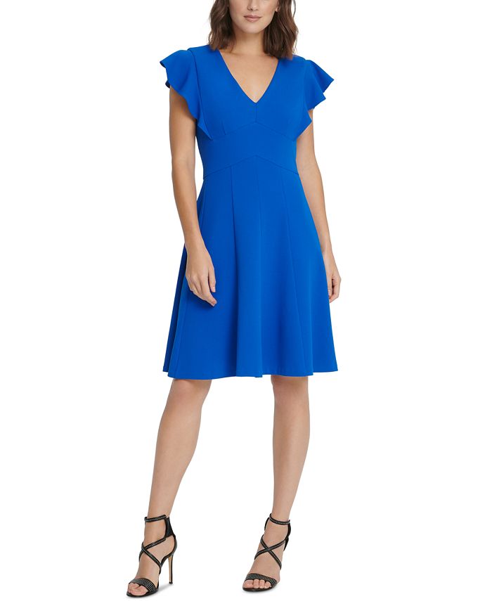 DKNY Solid Flutter-Sleeve Seamed Fit & Flare Dress - Macy's