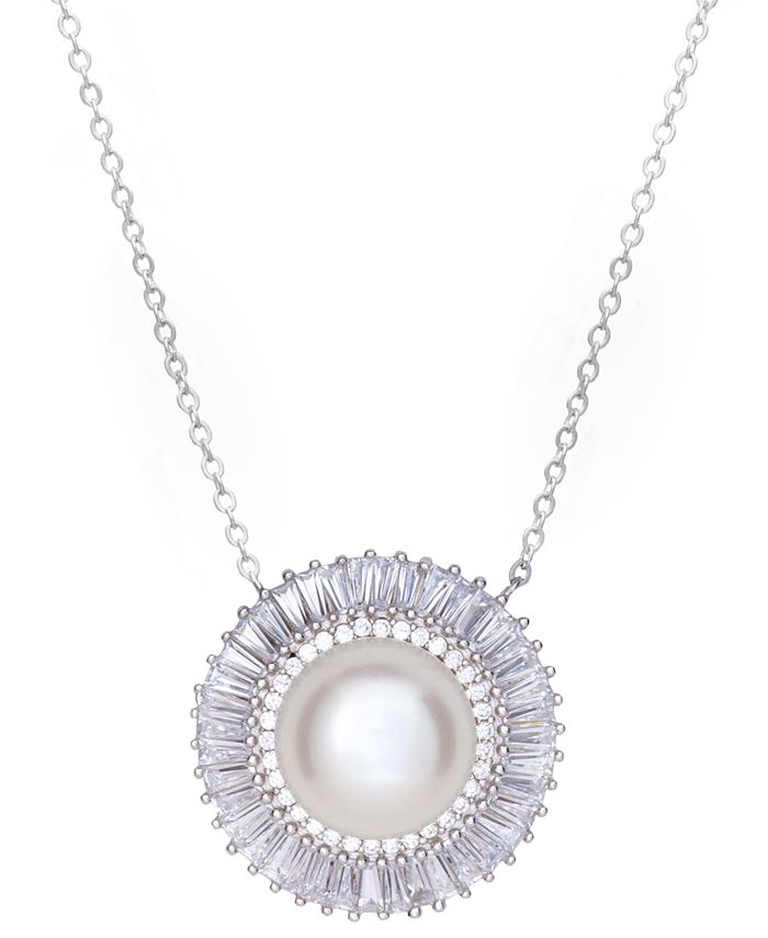 Macy's - Cultured Freshwater Mab&eacute; Pearl (12mm) & Cubic Zirconia Baguette Pendant Necklace in Sterling Silver, 16" + 2" extender