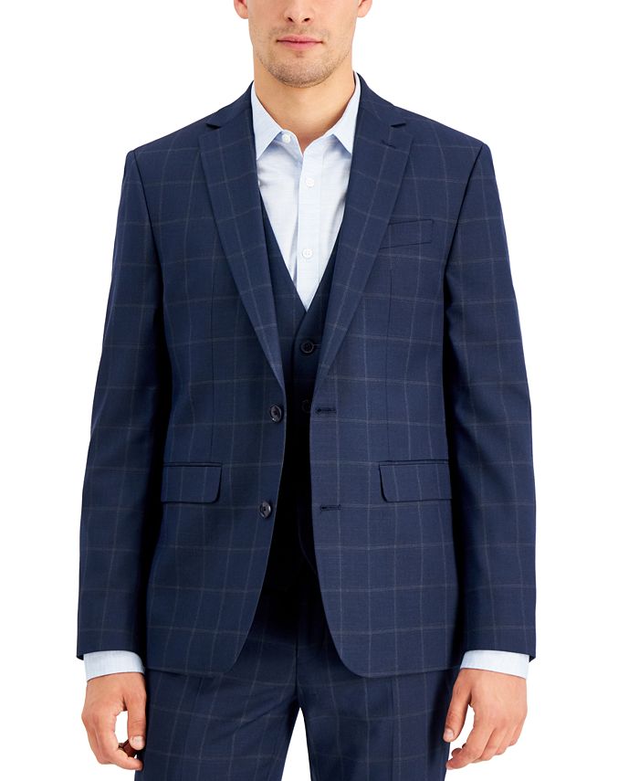 INC International Concepts Men's Slim-Fit Blue Windowpane Plaid Suit