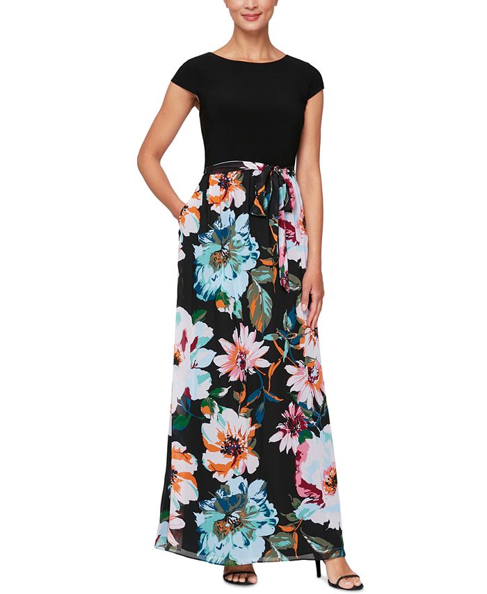 SL Fashions Floral-Print Cap-Sleeve V-Back Side-Tie Maxi Dress - Macy's