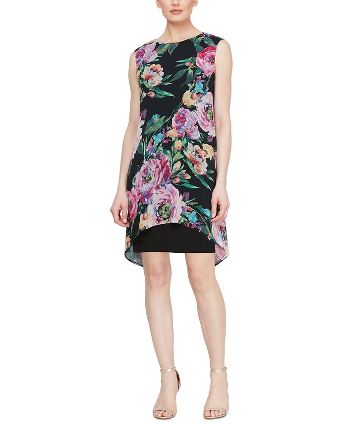 SL Fashions Floral-Print Cape-Overlay Shift Dress - Macy's
