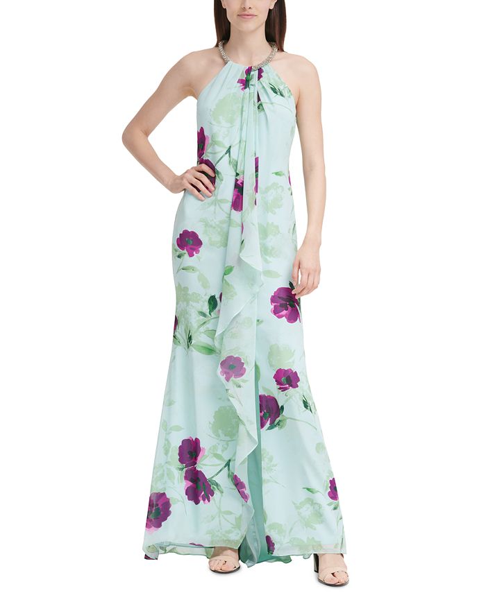 Calvin Klein Floral-Print Cascade Gown & Reviews - Dresses - Women - Macy's