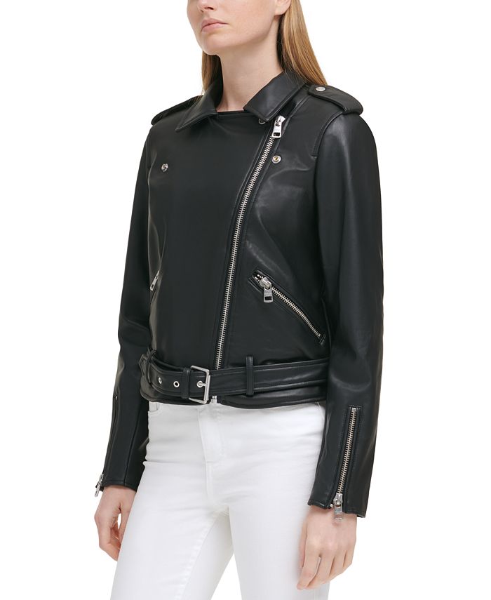 Calvin Klein Jeans Belted Faux-Leather Moto Jacket - Macy's