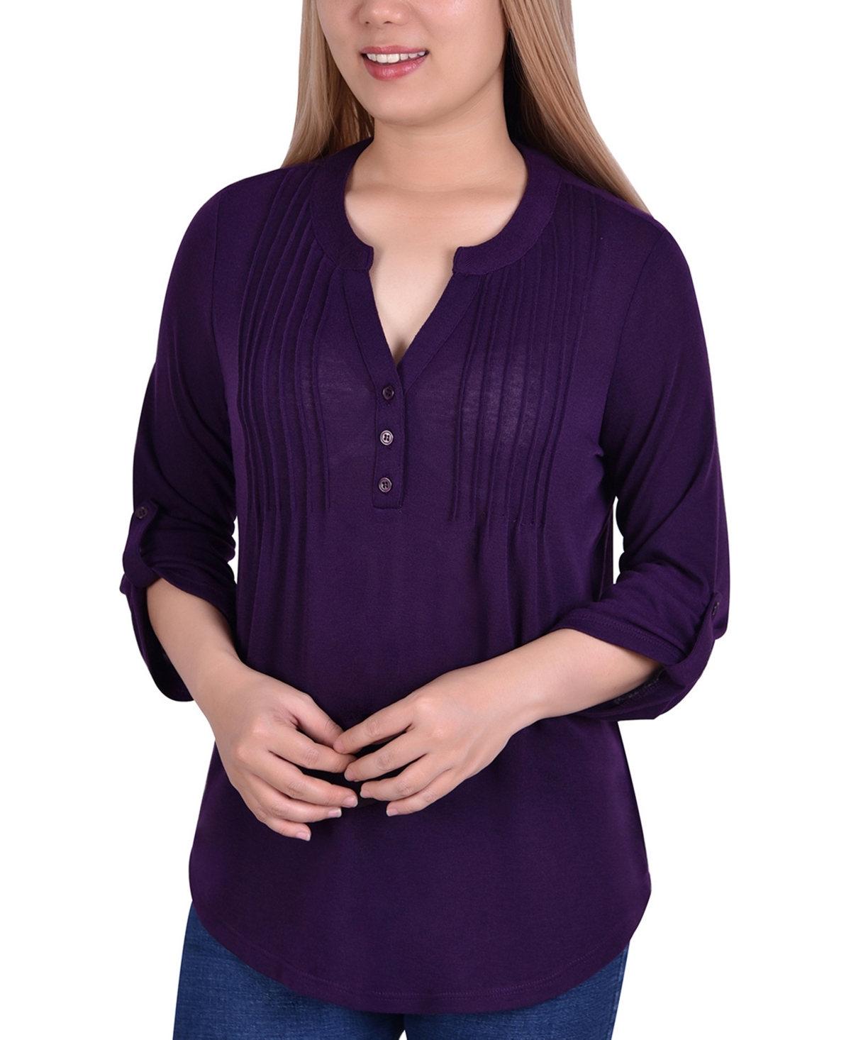Women's 3/4 Sleeve Roll Tab Pin Tucked Front Pullover - Eggplant