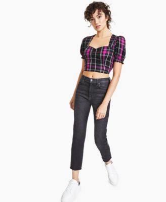 Bar III - Puff-Sleeve Plaid Crop Top