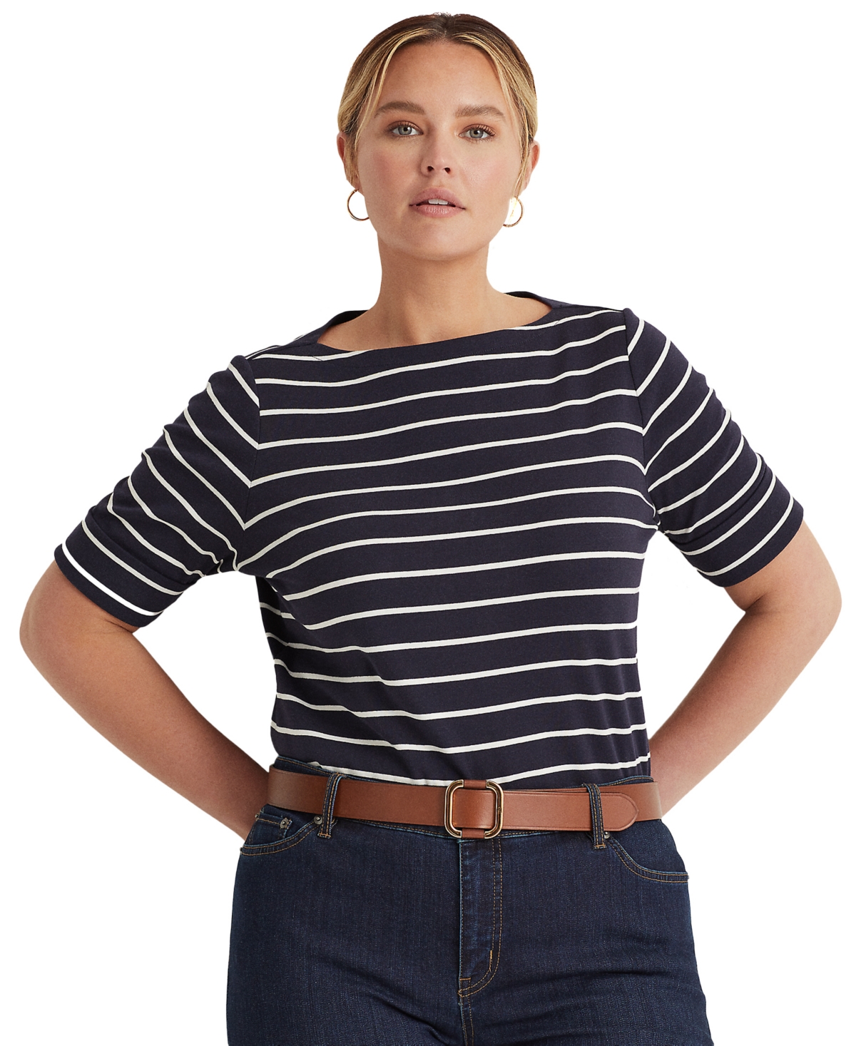 Lauren Ralph Lauren Plus Size Striped Cotton Boatneck T-shirt In Lauren Navy,white