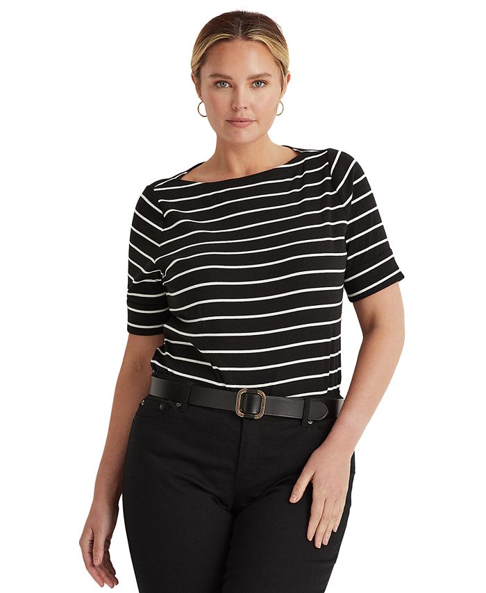 Lauren Ralph Lauren Plus Striped Cotton Boatneck T-Shirt, Lauren Navy, White, Size 2x