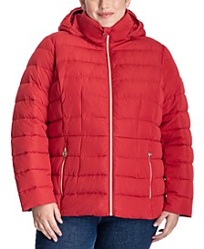 Women's Plus Size Stretch Hooded Packable Down Puffer Coat, Created for Macy's