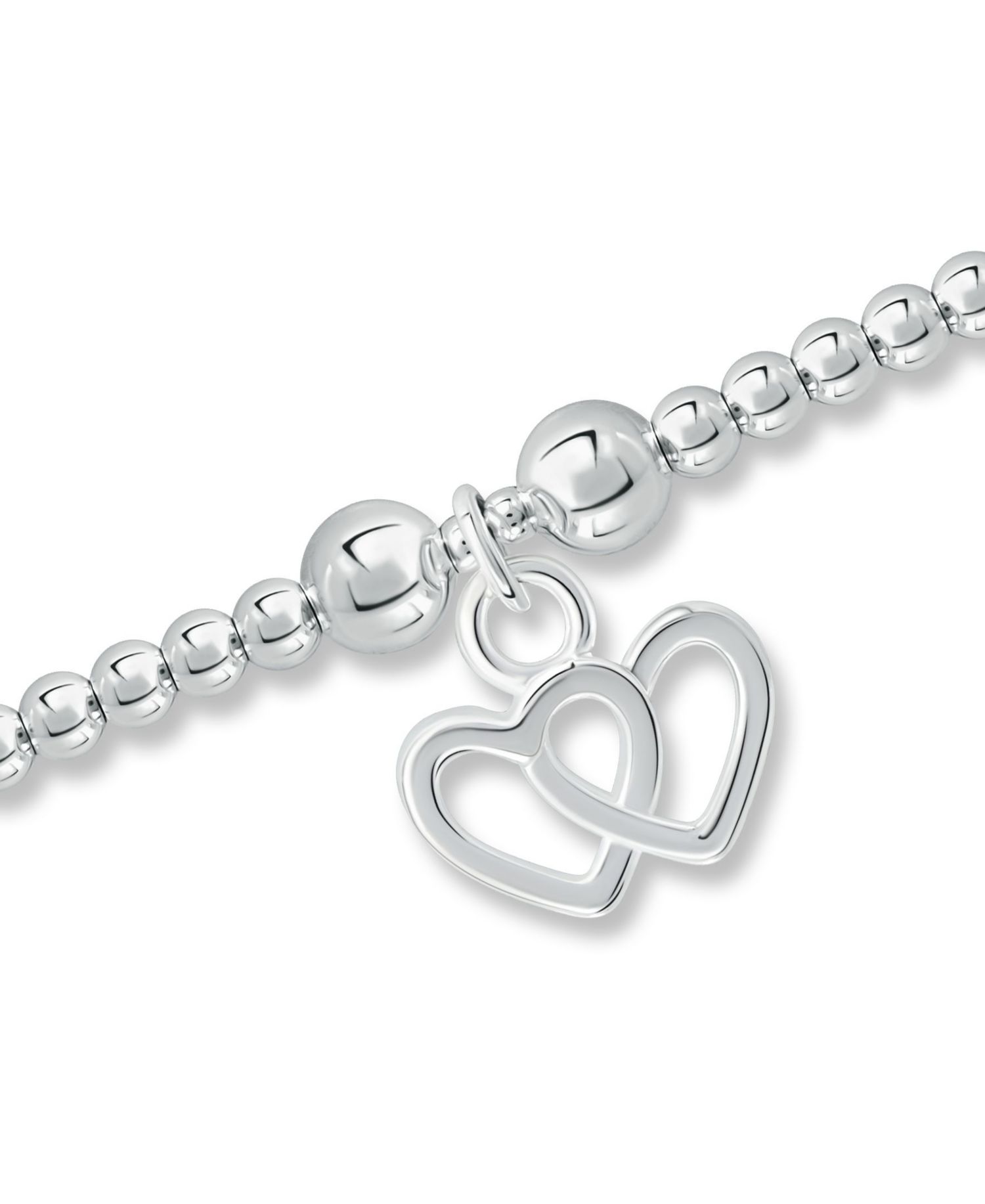 Bead Double Heart Charm Bracelet in Silver Plate