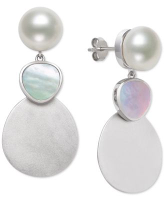 Belle de Mer - Cultured Freshwater Pearl (10mm) & Mother-of-Pearl Disc Drop Earrings in Sterling Silver