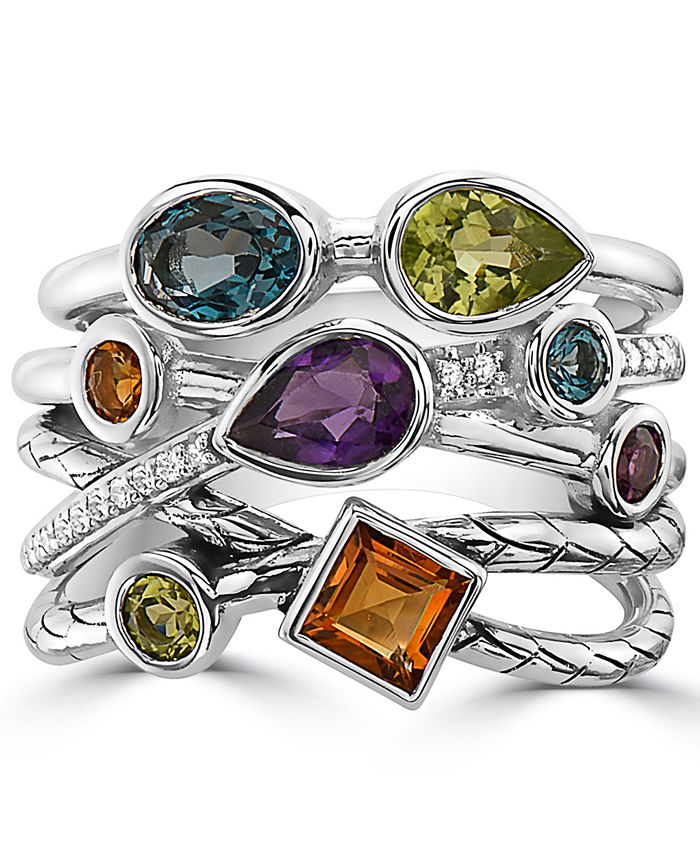 EFFY Collection - Multi-Gemstone (1-3/4 ct. t.w.) & Diamond (1/10 ct. t.w.) Multirow Ring in Sterling Silver
