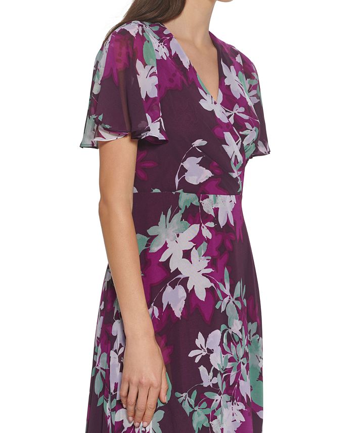 Chiffon Flutter Cape Sleeves V-Neck A-Line Gown Green