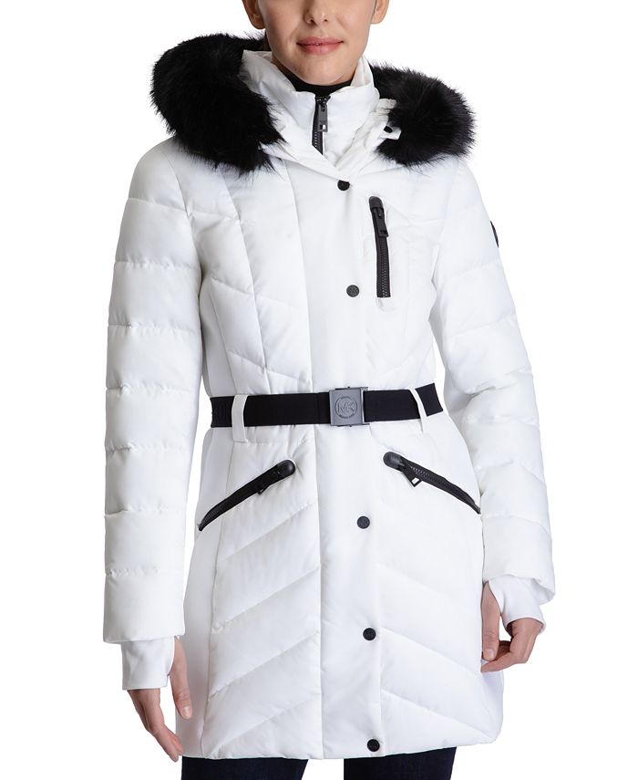 Michael Kors Women's Belted Faux-Fur-Trim Hooded Puffer Coat, Created ...