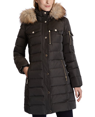 Michael Kors Women's Petite Faux-Fur-Trim Hooded Down Puffer Coat ...