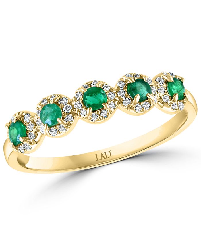 LALI Jewels - Emerald (1/3 ct. t.w.) & Diamond (1/6 ct. t.w.) Five Stone Halo Ring in 14k Gold