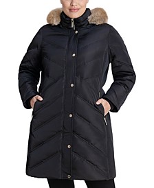 Women's Plus Size Chevron Faux-Fur-Trim Hooded Down Puffer Coat, Created for Macy's