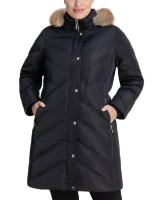 Michael Kors Women's Plus Size Chevron Faux-Fur-Trim Hooded Down Puffer ...