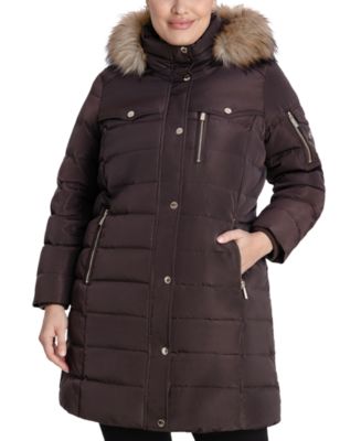 Michael Kors Women's Plus Size Faux-Fur-Trim Hooded Down Puffer Coat ...