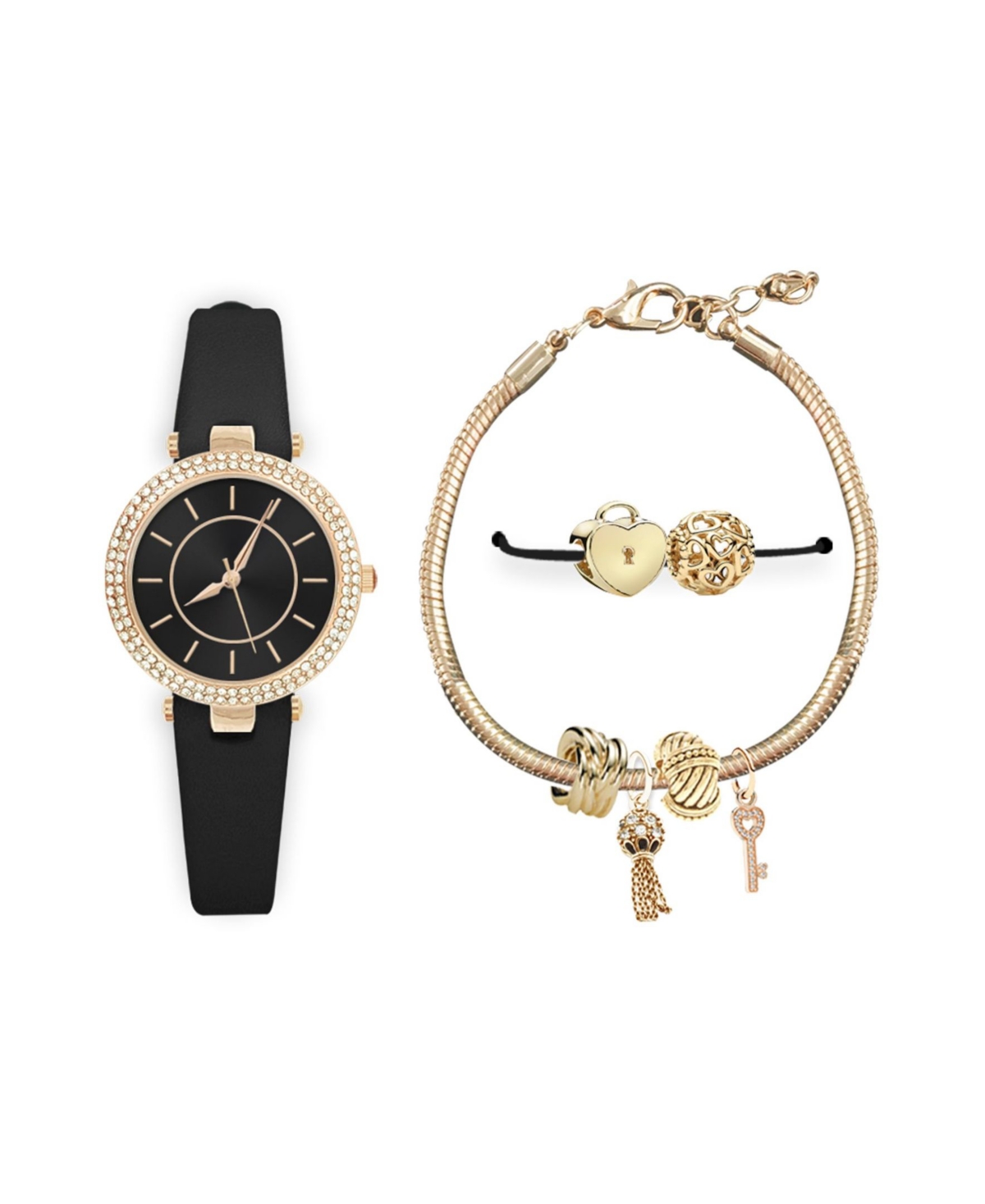 American Exchange Women's Black Strap Analog Watch 26mm with Glam Gold-Tone Hearts and Keys Bracelet Cubic Zirconia Gift Set