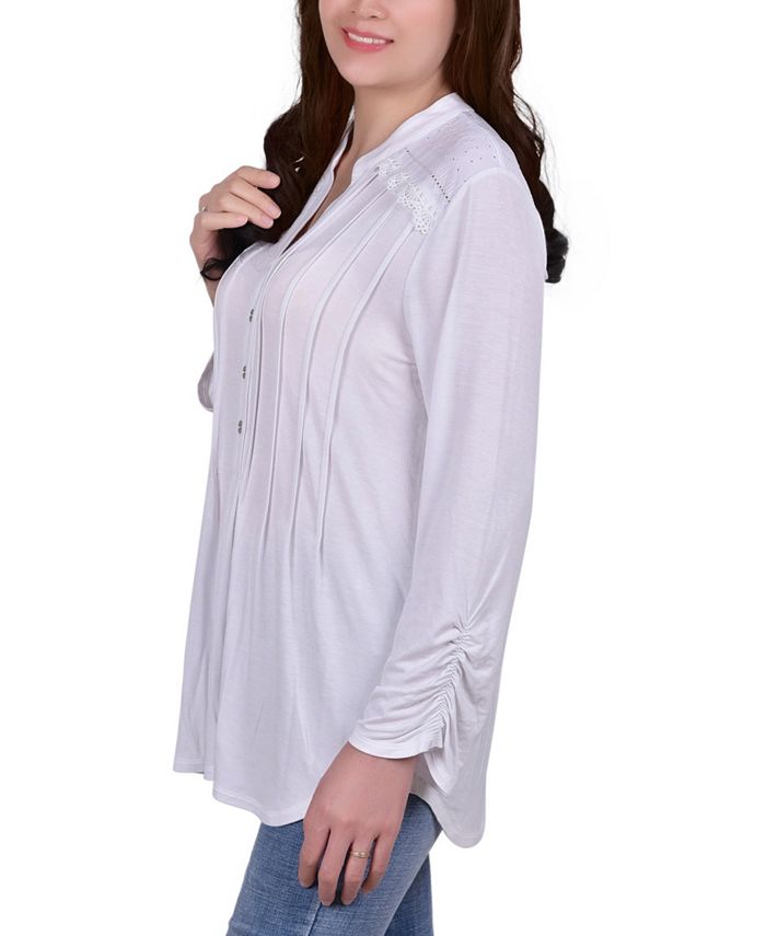 Multi Grey Peacock 3/4 Bell Sleeve Pleat Front Y Neck Top - Petite main image 0