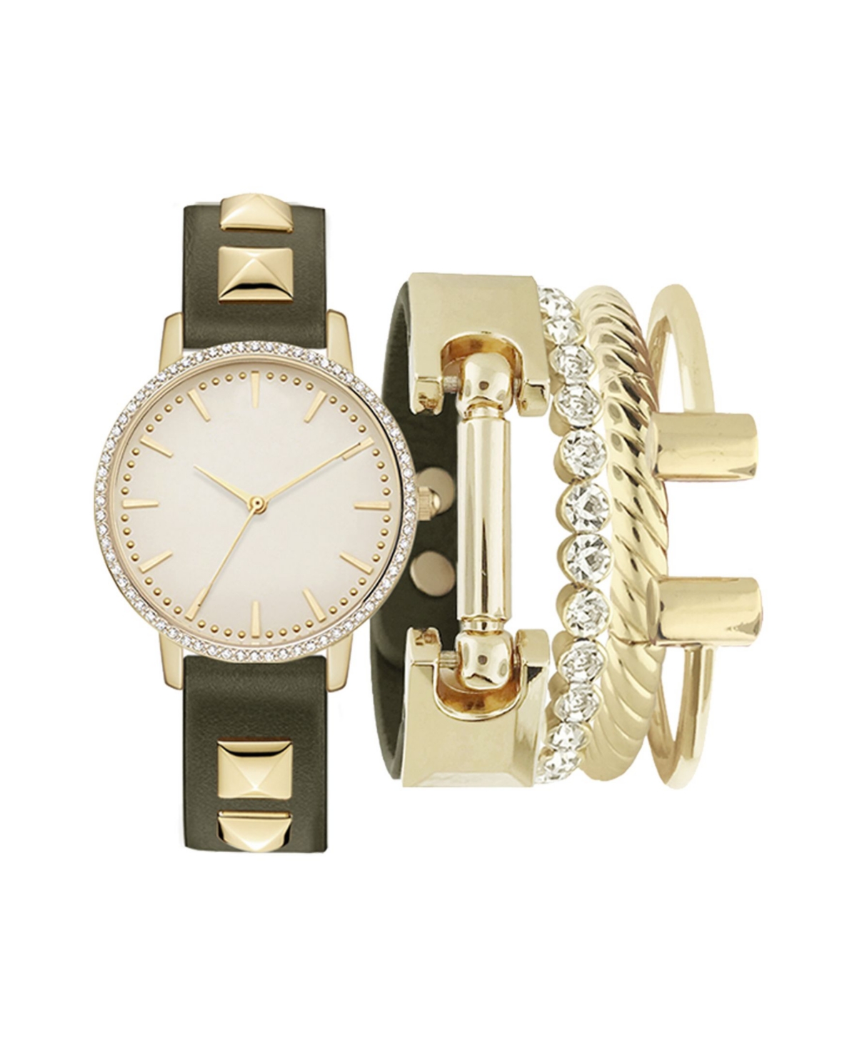 Jessica Carlyle Women's Analog Olive Strap Watch 34mm with Gold-Tone Metal Bracelets Set