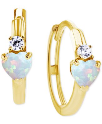 Lab-Grown Opal (1/5 ct. t.w.) & Lab-Grown White Sapphire (1/10 ct. t.w.) Heart Small Hoop Earrings, 0.5"