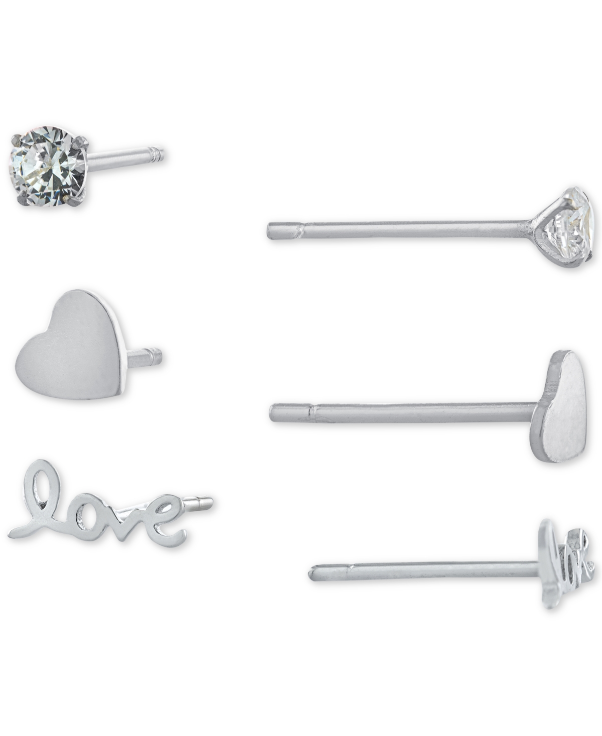 3-Pc. Set Cubic Zirconia & Love-Themed Stud Earrings in Sterling Silver, Created for Macy's - Sterling Silver