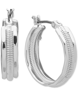 Silver-Tone Textured Center Small Hoop Earrings, .75