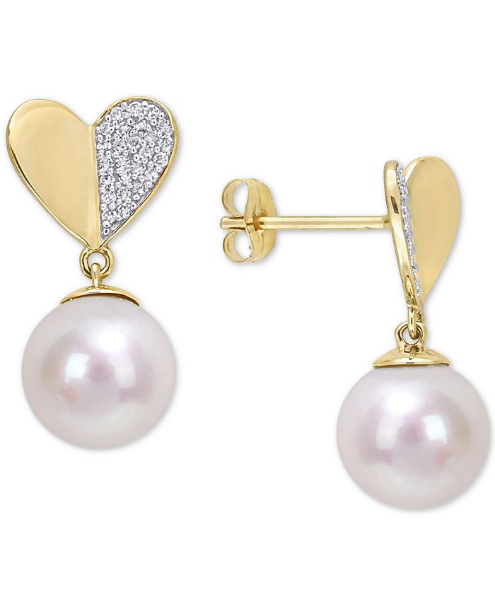 Macy's - Cultured Freshwater Pearl (8-1/2mm) & Diamond (1/6 ct. t.w.) Heart Drop Earrings in 14k Gold